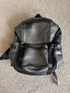 Coach Men's Gray Pebbled Leather Backpack with Black Accents